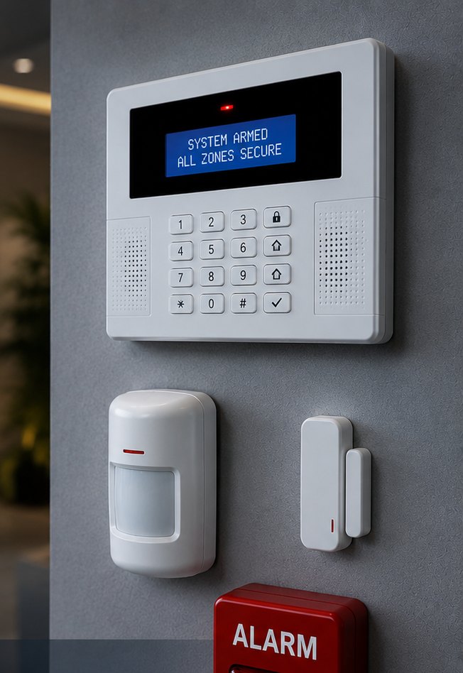 Alarm keypad, motion detector and door contact installed on a wall