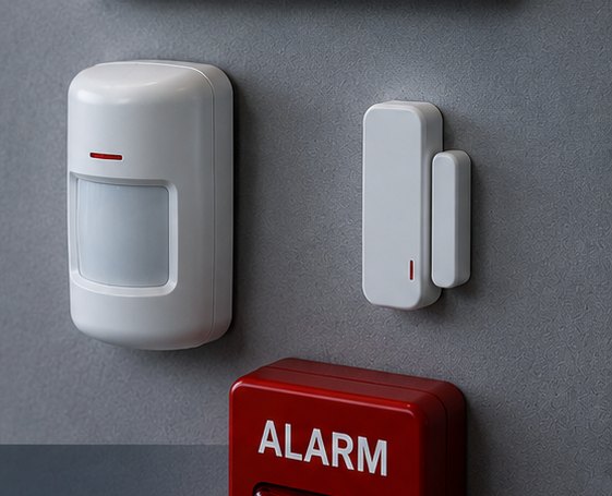 Wall-mounted alarm siren, motion detector and door contact