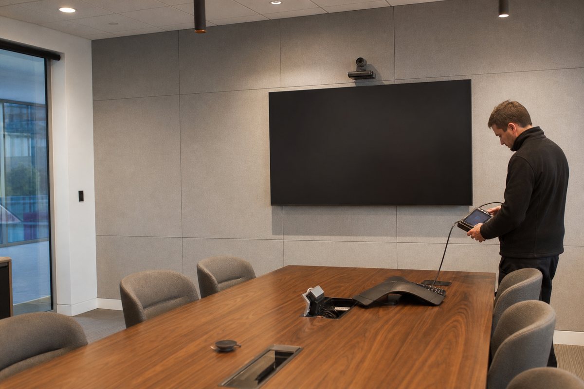 Conference room display, camera and table microphone being commissioned
