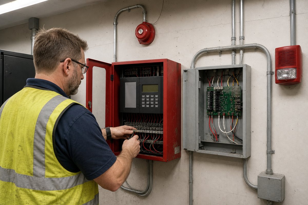 Technician servicing a commercial fire alarm control panel beside a horn/strobe