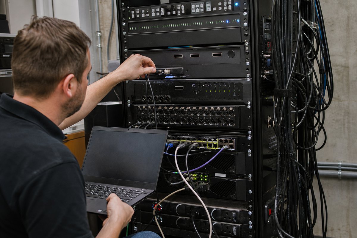 Technician patching an AV and network rack with a laptop open on the switch