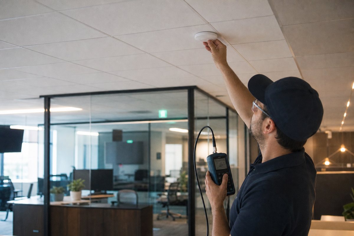 Technician testing a ceiling-mounted wireless access point in an open office